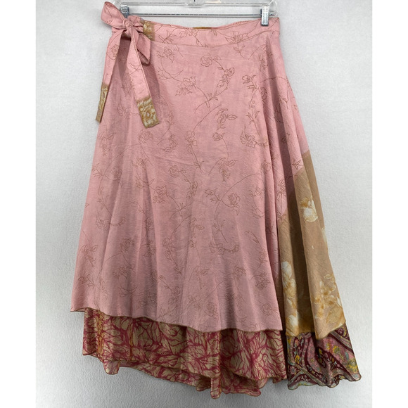 Silk Skirt L Peasant Boho Flare Reversible Wrap Midi Layered Tie Side Pink - Picture 4 of 11